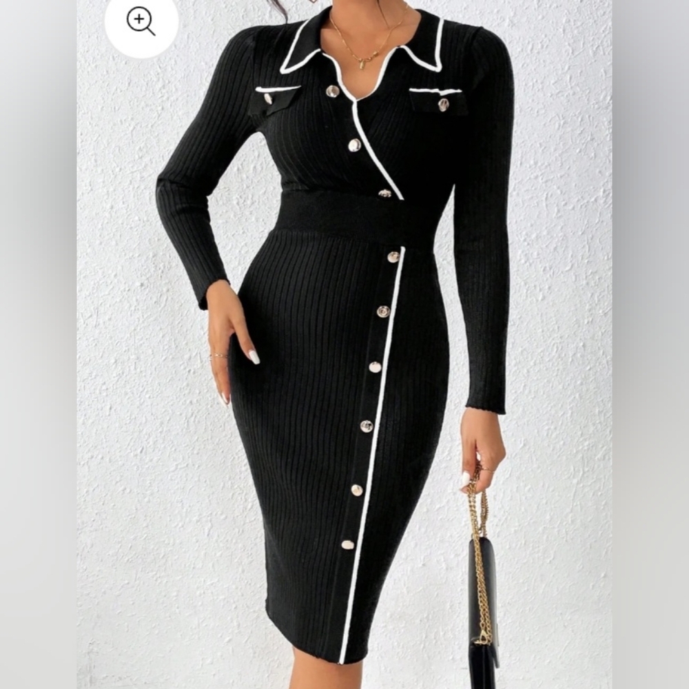 COMMENSE, Black Long Sleeve Midi Sweater Knit Dress with Gold Buttons.🌸